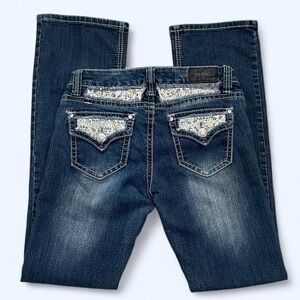 ZCO Size 7 Bootcut Flare Denim Blue Jeans White Lace Stitching Bling Rhinestones